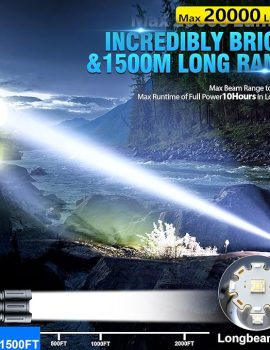 Flashlights 20000 High Lumens Rechargeable – 1500 Meters Long Beam Super Bright LED Flash Light with Power Display & IPX5 Waterproof for Camping, 20H Runtime,5 Modes,Zoomable Handheld Flashligh