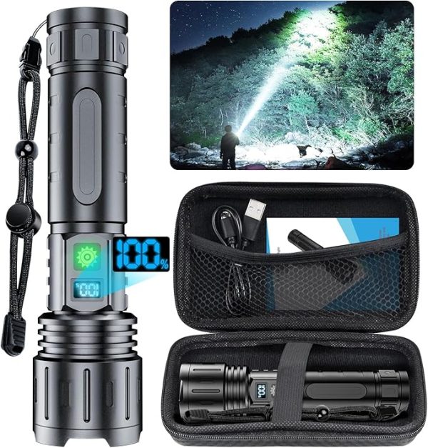Flashlights 20000 High Lumens Rechargeable - 1500 Meters Long Beam Super Bright LED Flash Light with Power Display & IPX5 Waterproof for Camping, 20H Runtime,5 Modes,Zoomable Handheld Flashligh