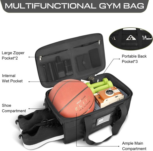 Gym Bags for Men Women, Tactical Duffle Bag Backpack with Shoe Compartment, 3 in 1 Carry on Travel Backpack with Wet Pocket, Weekender Overnight Range Bag for Workout Football Gym, Black - Image 2