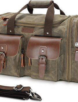 Duffle Bag for Travel, 50L Waterproof Waxed Canvas Genuine Leather Weekender Overnight Bag Vintage Travel Hand Bag Carry on Bag