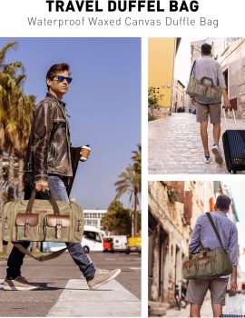 Duffle Bag for Travel, 50L Waterproof Waxed Canvas Genuine Leather Weekender Overnight Bag Vintage Travel Hand Bag Carry on Bag